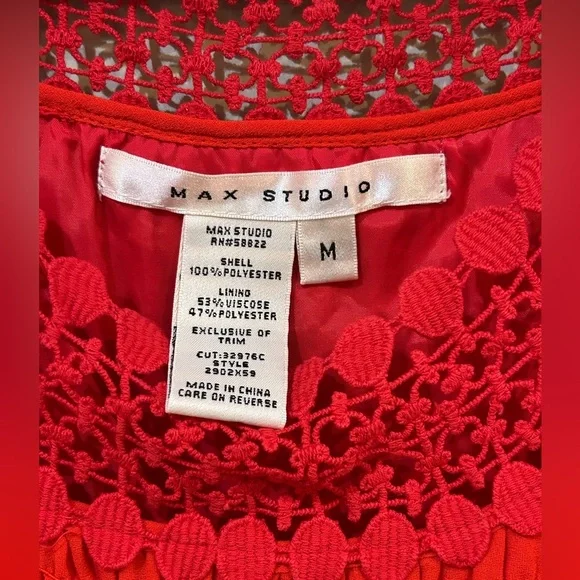 Max Studio Red Sleeveless Dress with Lace Detail. Ruched Waist. Size Medium. - Picture 3 of 5